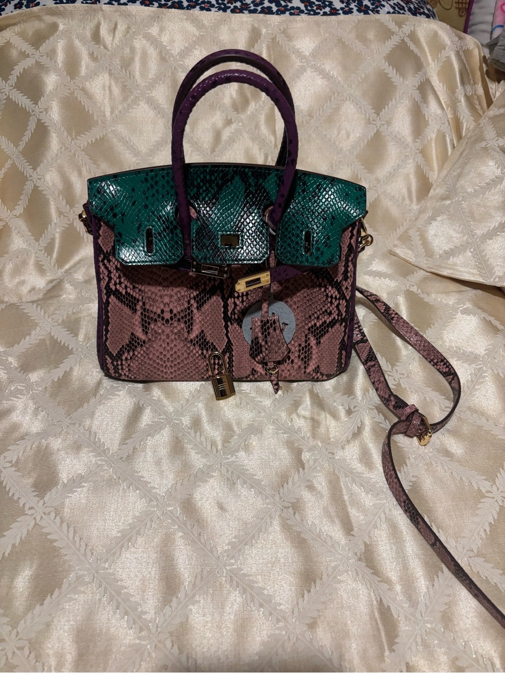 Two-Tone Purple and Green Snake-Print Top Handle Satchel